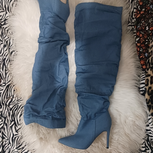 Forever 21 Women pointed toe Denim knee high stiletto boots - Picture 7 of 16